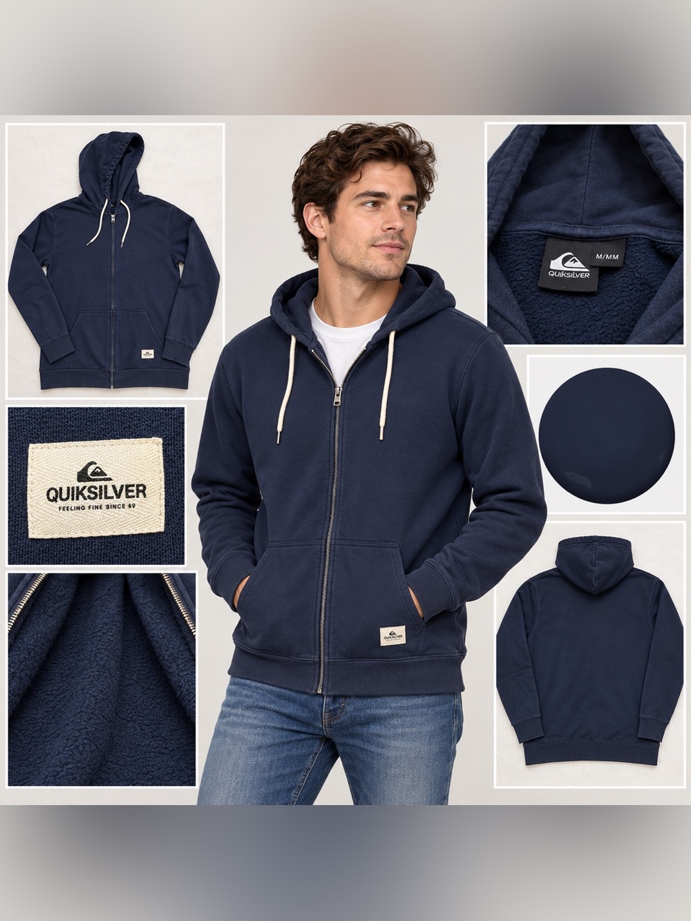 Quicksilver Men’s M Navy Full-Zip Fleece Hoodie Surf Skate